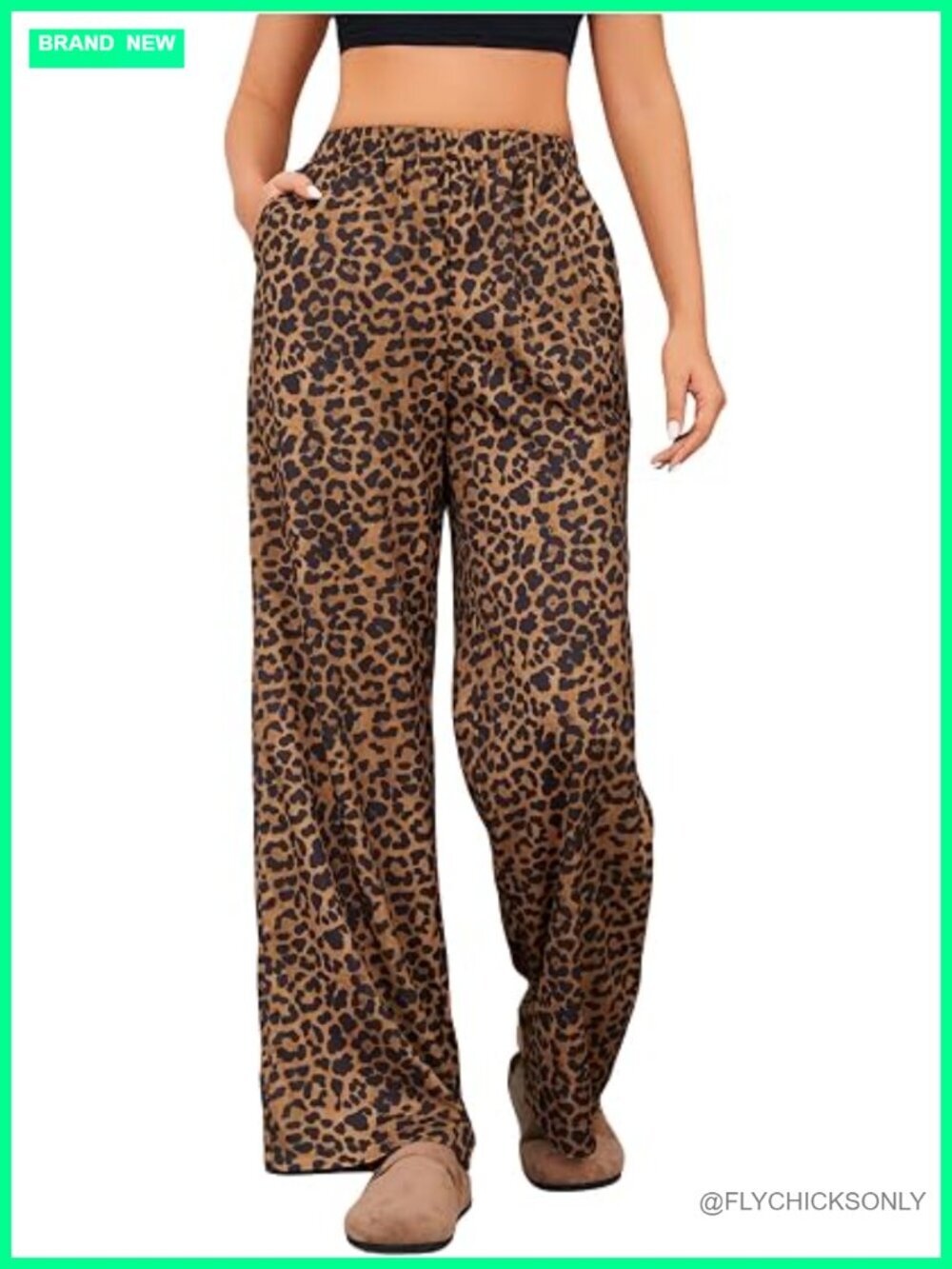 Leopard Print Elastic High Waist Wide Leg Long Pants with Pockets